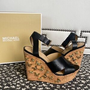 🦋 Michael Kors -Golden Butterfly Cork Wedge Platform Sandals